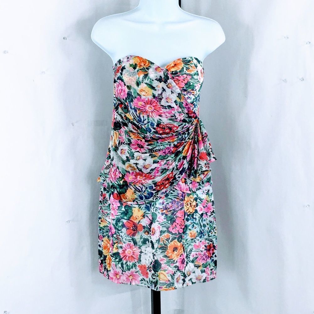 Yumi Kim Silk Dress Strapless Katie Floral Sheath Rouched Mini Dress Sz S - Picture 3 of 14